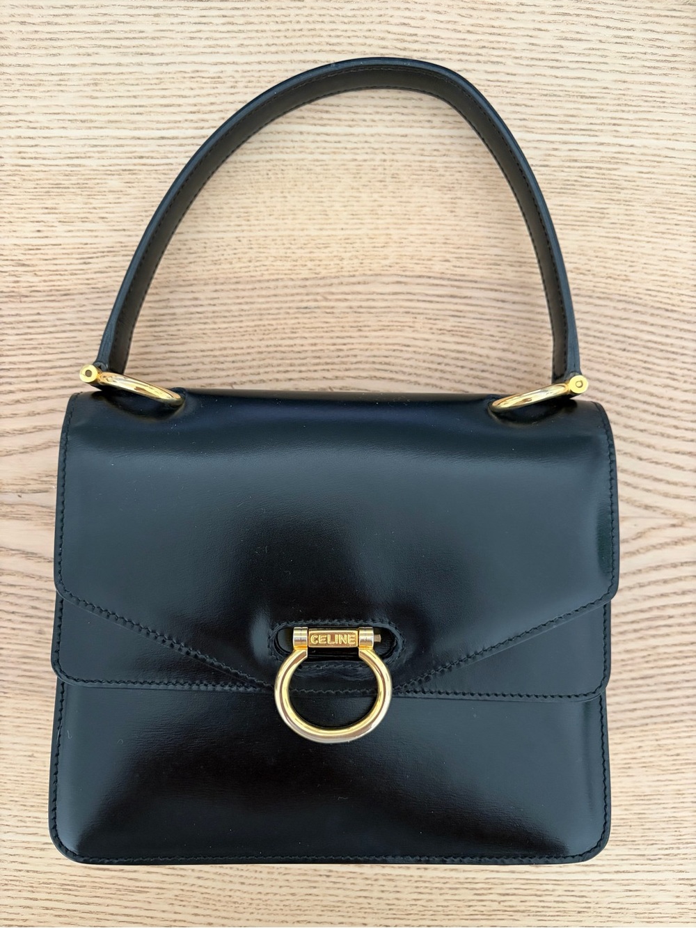 Celine Black Leather Shoulder Bag with Gold Ring Hardware